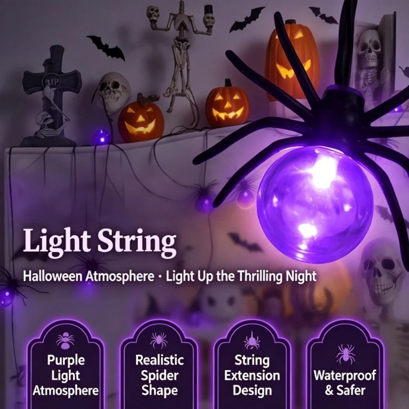 Outdoor Power Lights - Batteriebetriebene Spinnen-LED-Lichterkette, Halloween-Außendekoration für Garten und