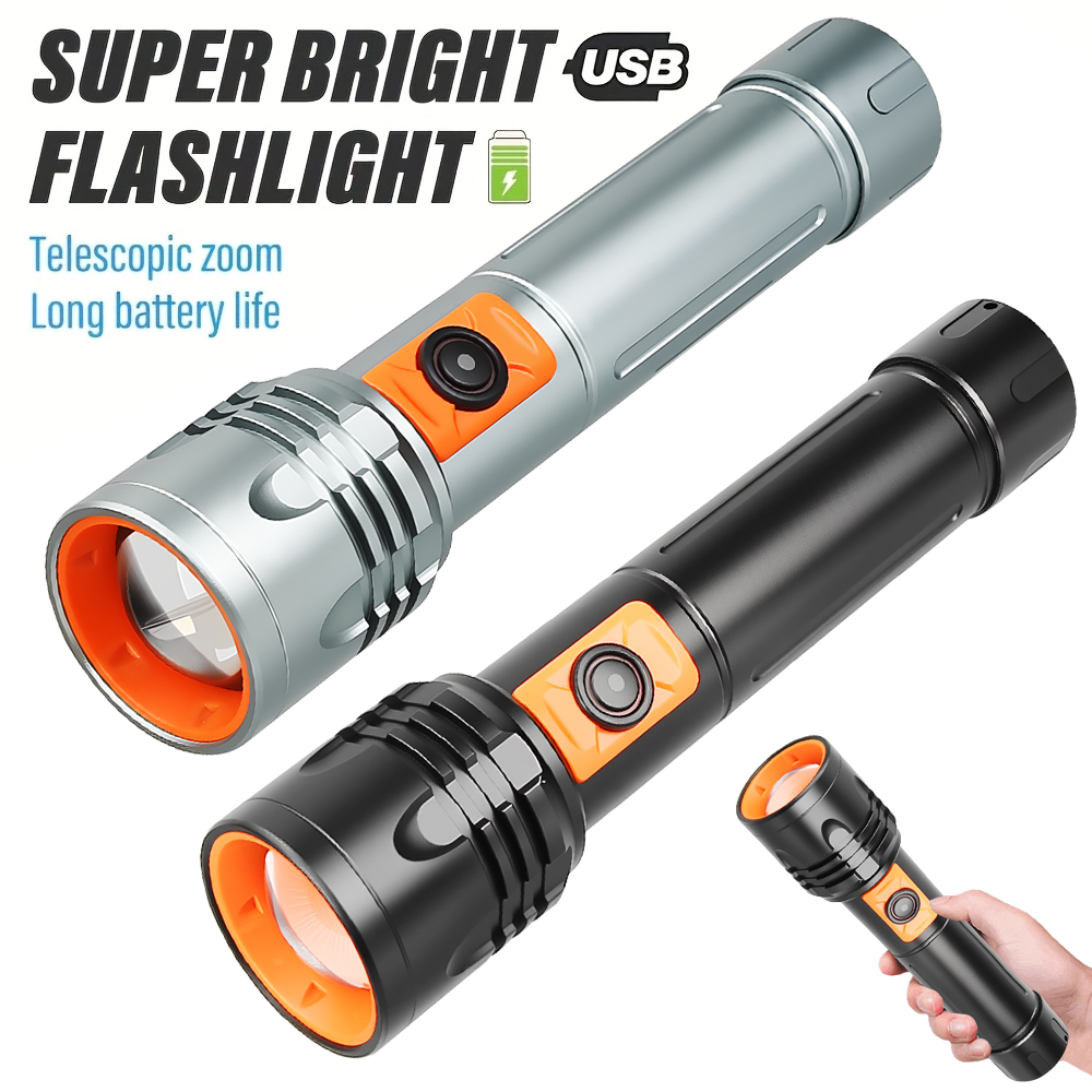 Outdoor Power Lights - Hochleistungs-LED-Taschenlampe, wiederaufladbare USB-Taschenlampe mit Teleskop-Zoom, superhelle